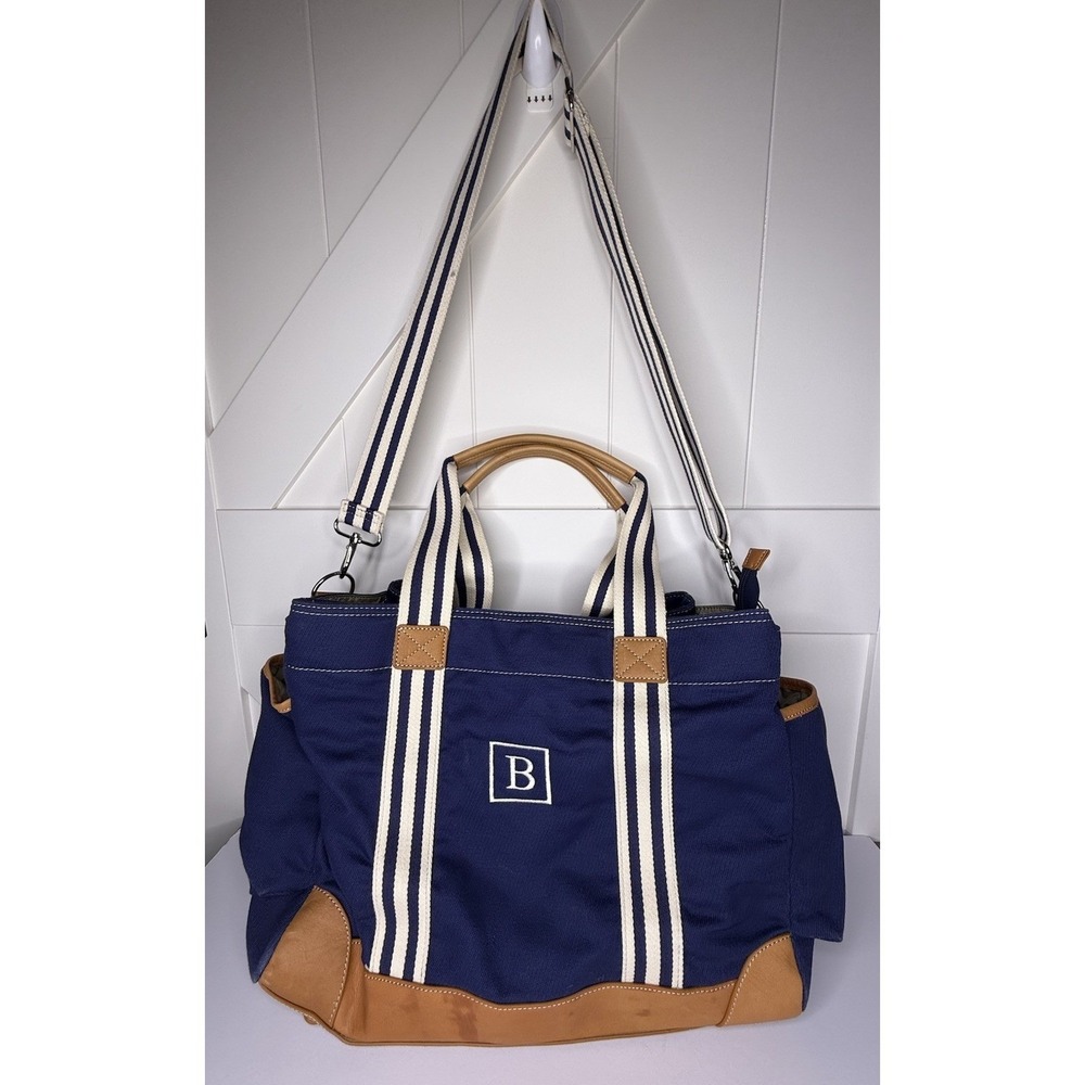 POTTERY BARN KIDS Navy Blue DIAPER BAG Canvas Baby Duffle Tote Leather Classic B - Picture 2 of 15